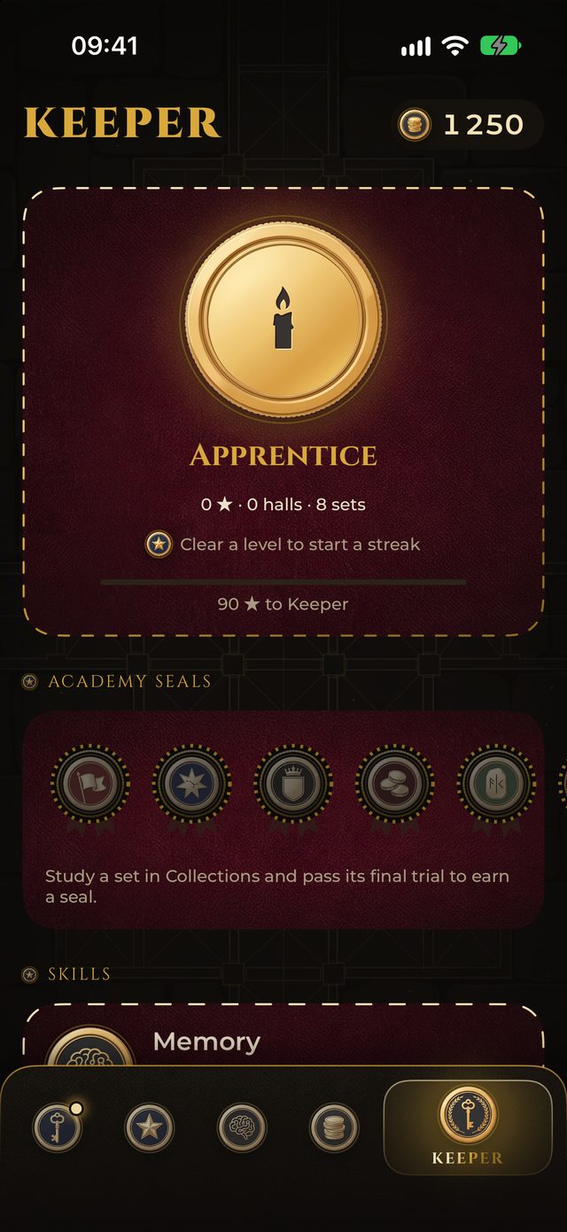 The keeper profile with ranks, seals and skills