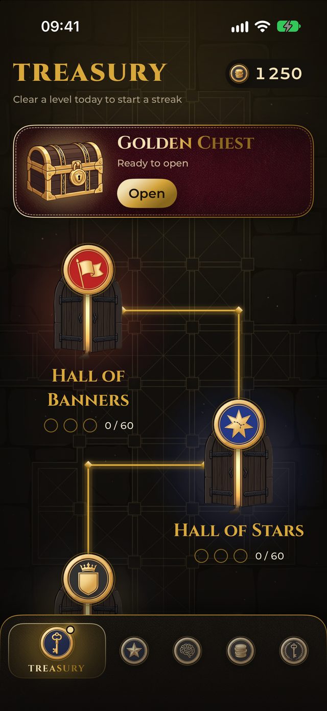 The treasury map with the Golden Chest and the first halls